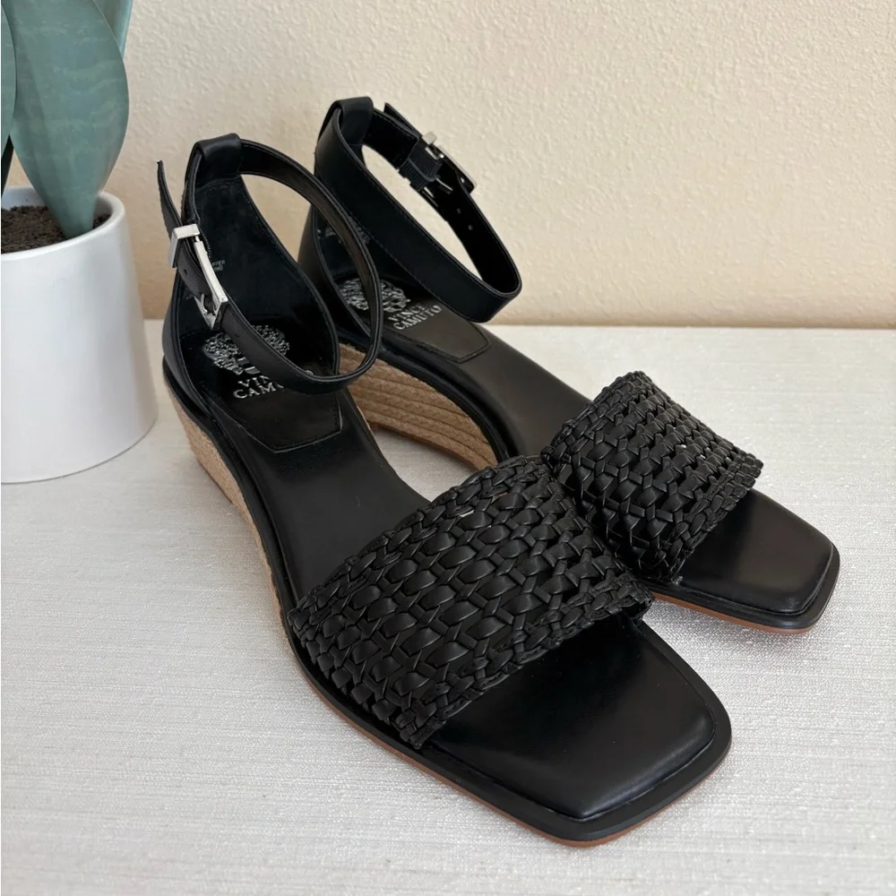 Black Woven Ankle Strap Wedge Sandals - Brand: